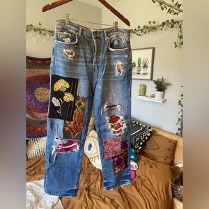 We The Free patchwork jeans. Size 27 & have a baggy fit. Vibrant colors